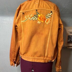 Custom dye, floral patch & metal studs- Orange Denim Jacket with Silver Accents